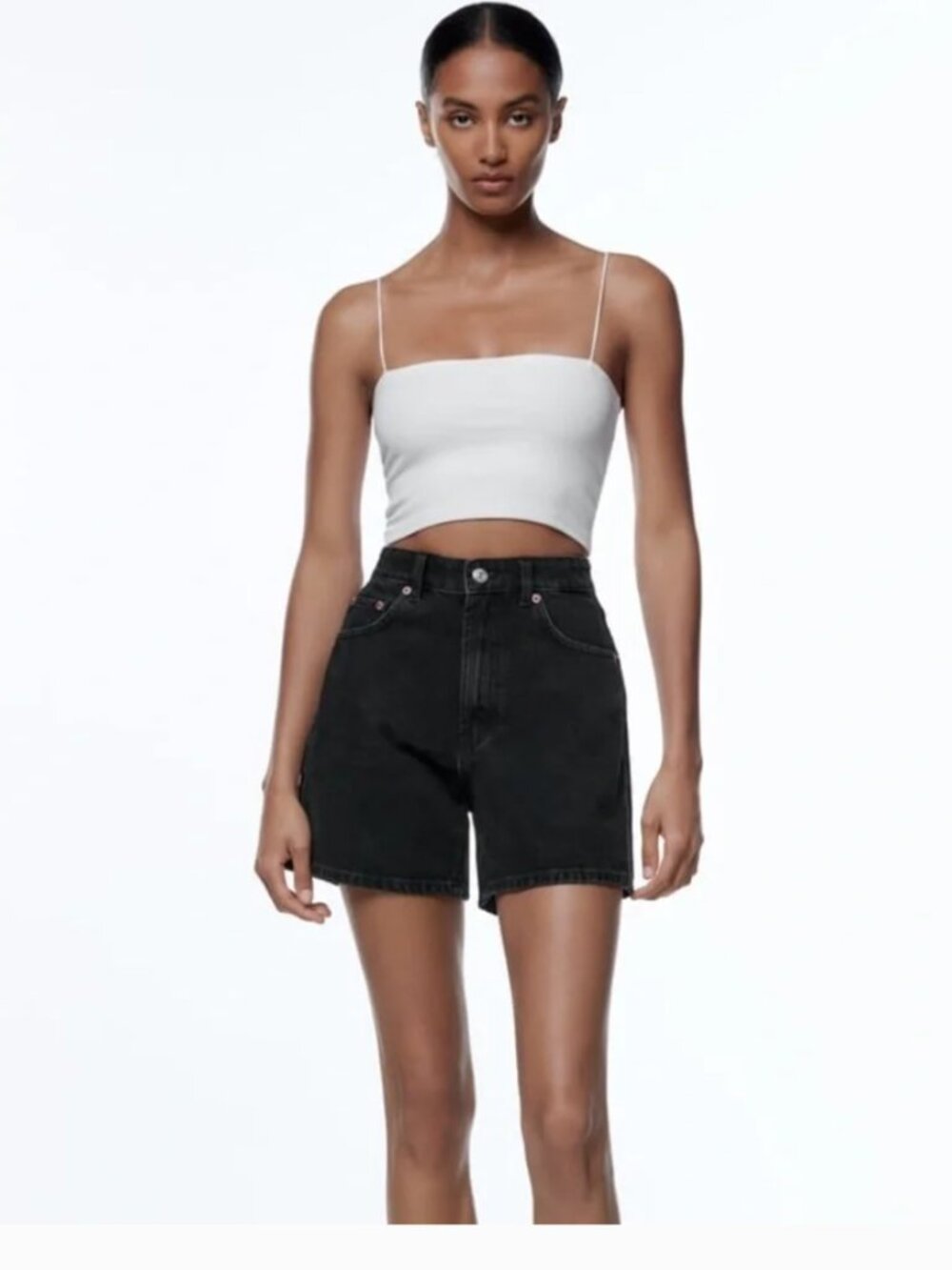 Zara Mom Fit High Rise Denim Shorts Washed Black Faded Charcoal 100% Cotton US 2 - Picture 7 of 16